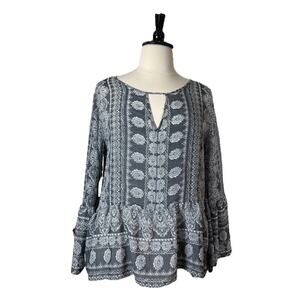 Como Vintage Top Ruffle Hem Sleeves V-neck Boho Gray Batik Print Women’s Size XL